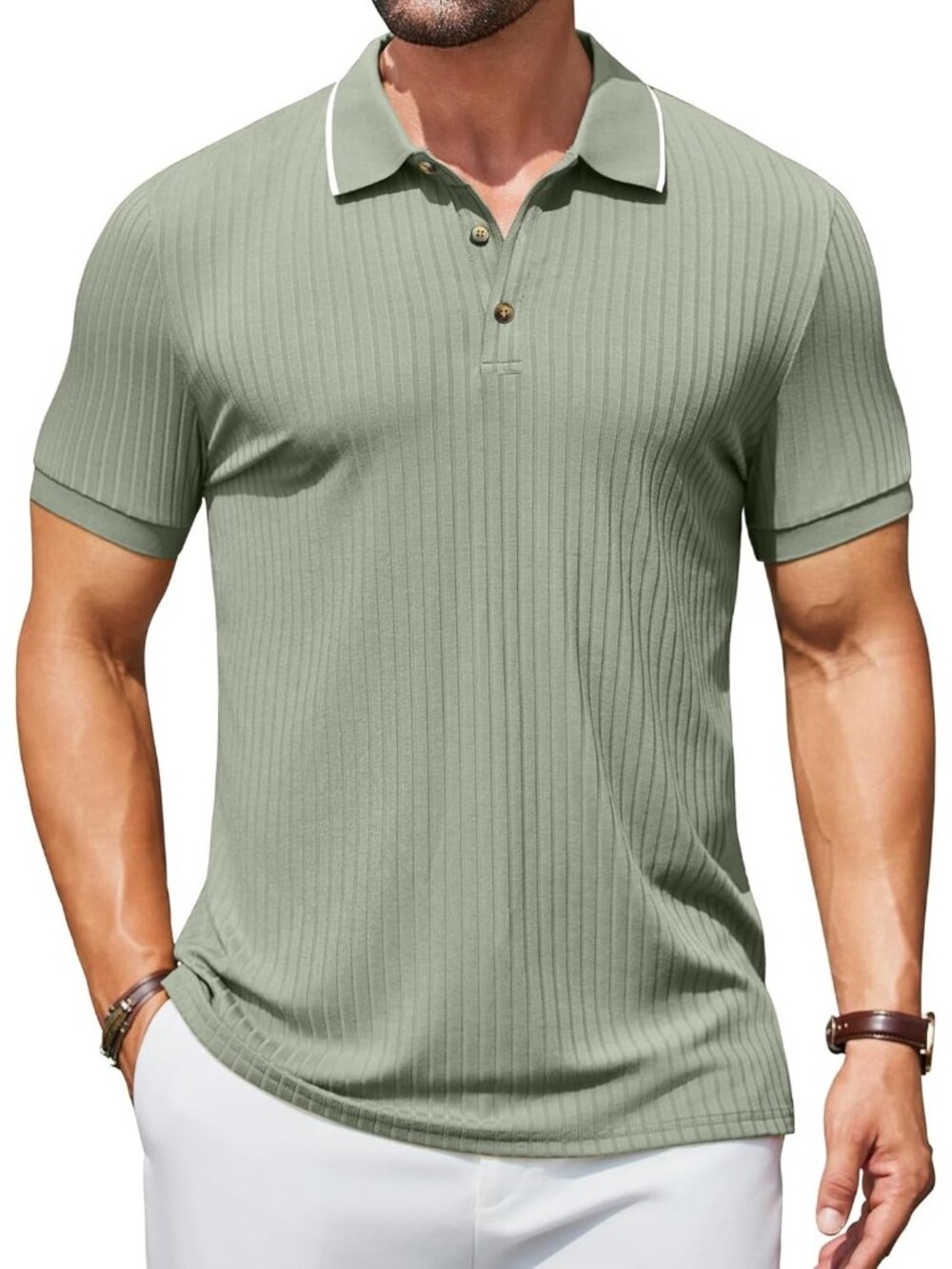 Men's Light Green Textured Polo Shirts Short Sleeve Slim Fit Button Polo Casual